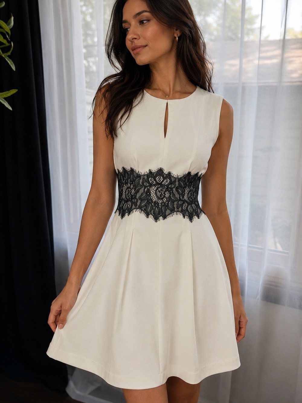 BCBGeneration White Mini Dress with Black Lace Waist